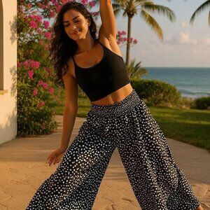 Halara Pants | Black with White flowers | Ruffle Hem | Elastic Waist